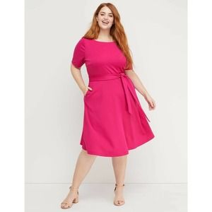 Lane Bryant X Beauticurve Fit & Flare Hot Pink Belted Short Sleeve Dress Sz 12